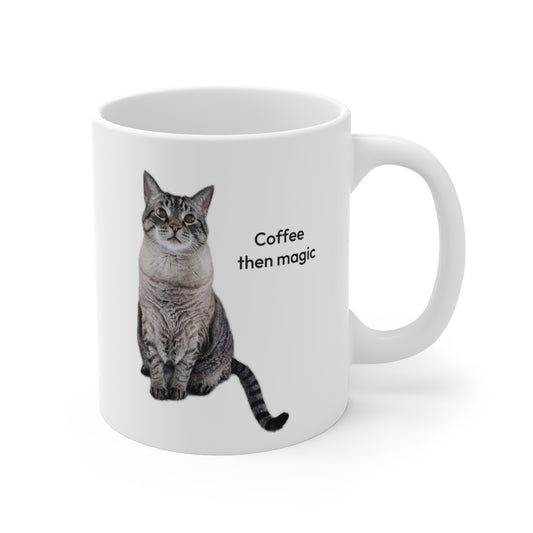 Cute Humorous Cat Coffee Mug | Coffee then Magic | Office Workplace Humor | Funny Coworker Gift